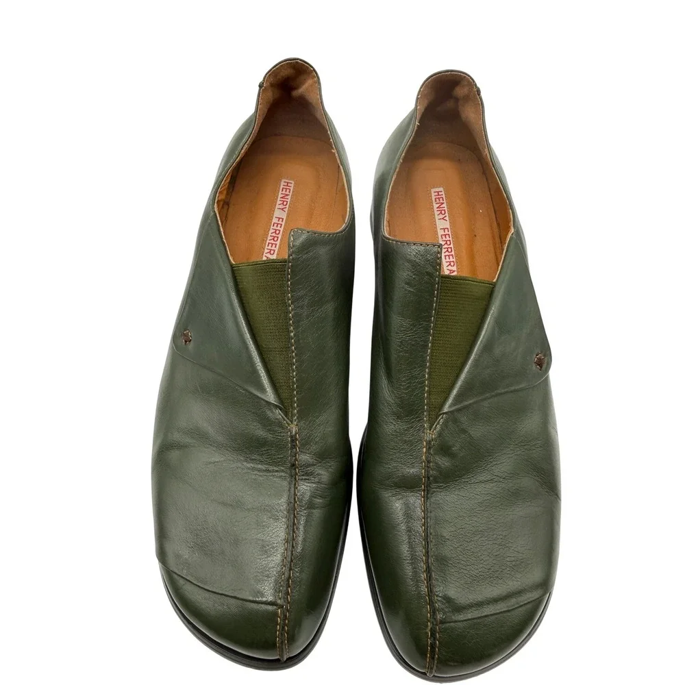 Henry Ferrera Slip On Shoes Womens 11 Green Excellent Leather Loafers Square Toe